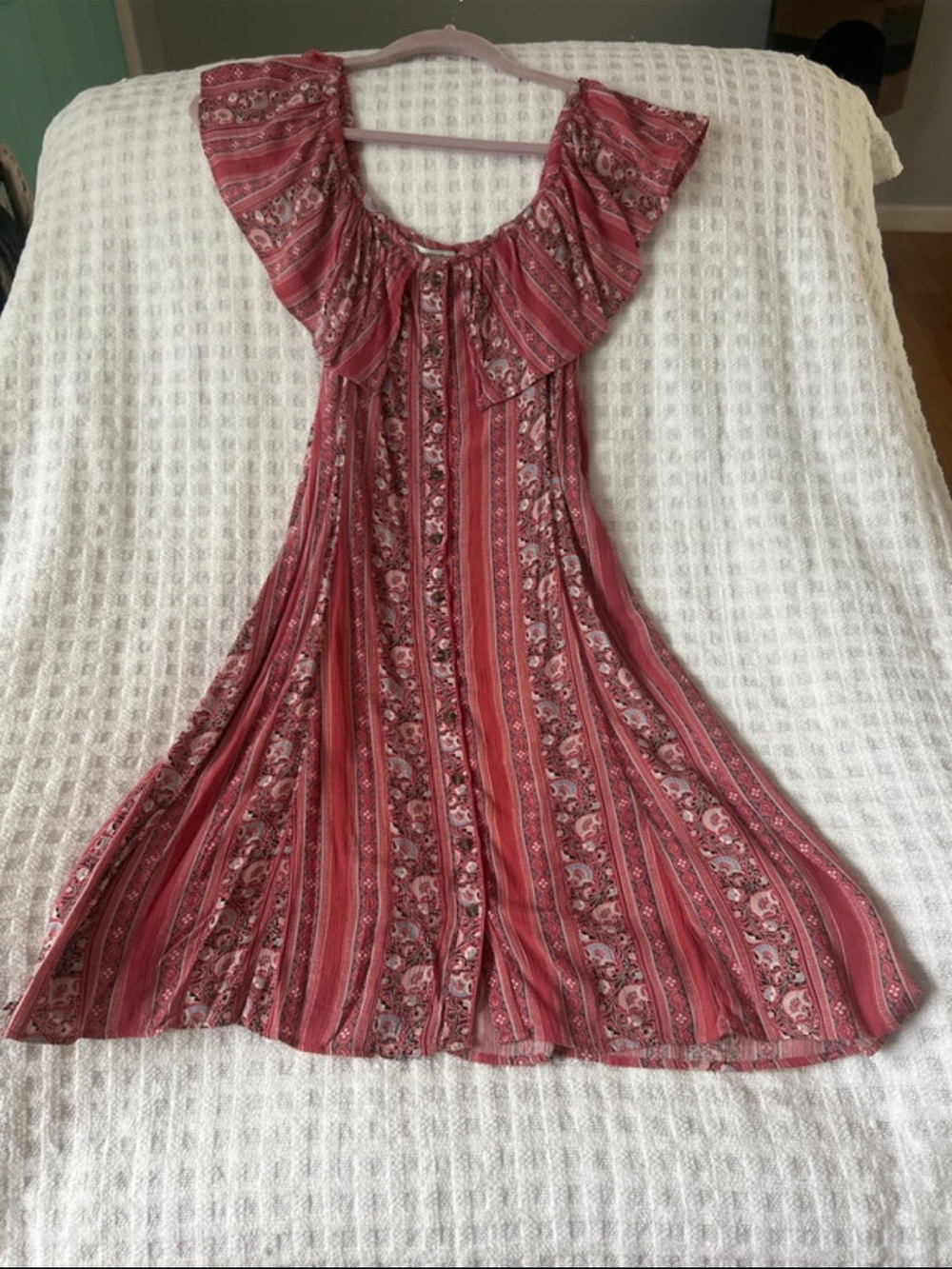 American Eagle Outfitters Red Striped Floral Ruffle-Neck Midi Dress